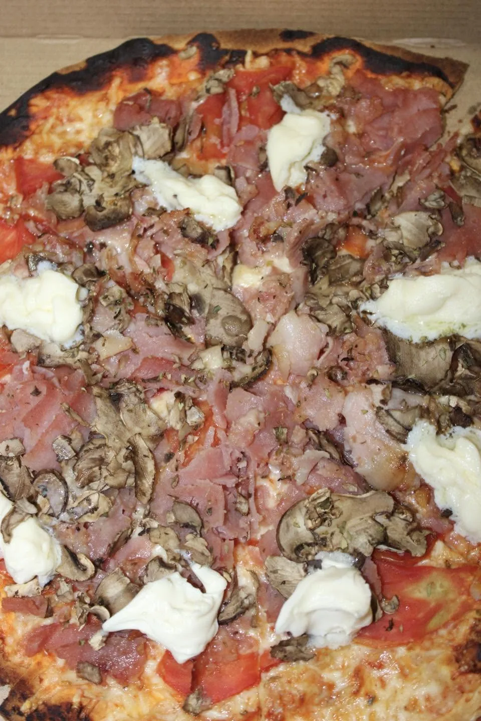 Pizza artesanal con jamón, champiñón, tomate natural y mozzarella